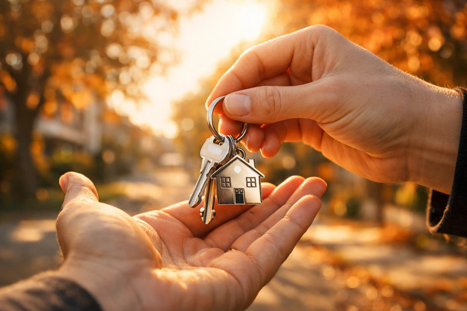 Close-up of hands holding house keys in a sun-drenched neighborhood, representing stability and a new beginning.