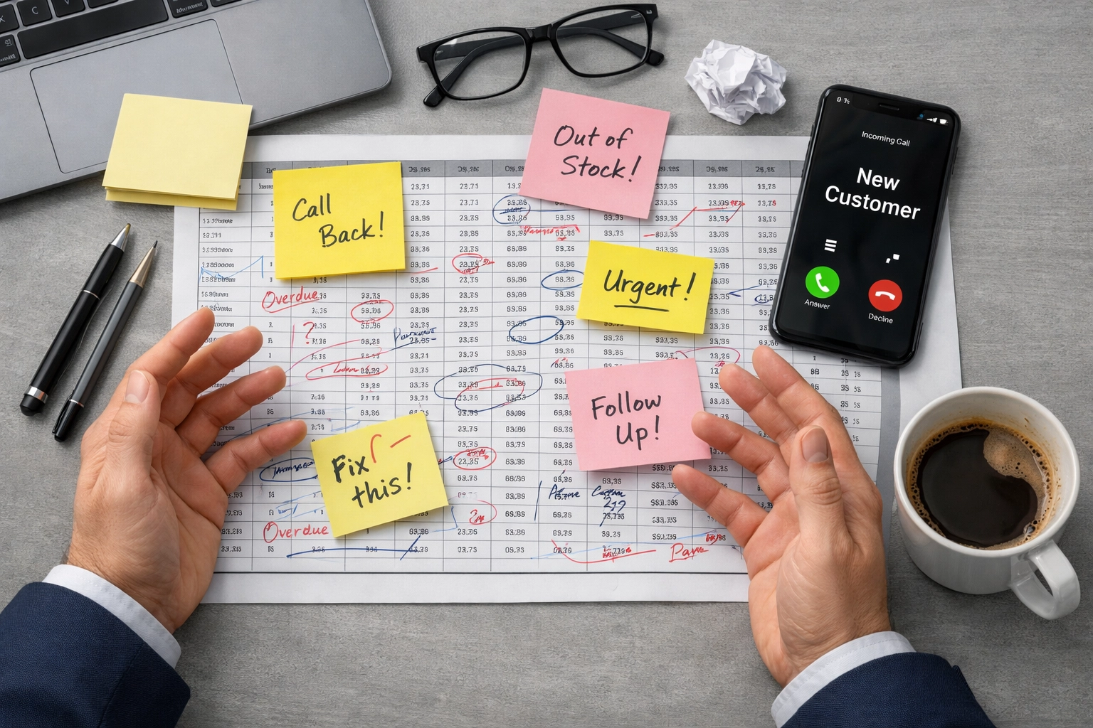 Overwhelmed business owner managing customer enquiries on spreadsheet with missed calls and sticky notes