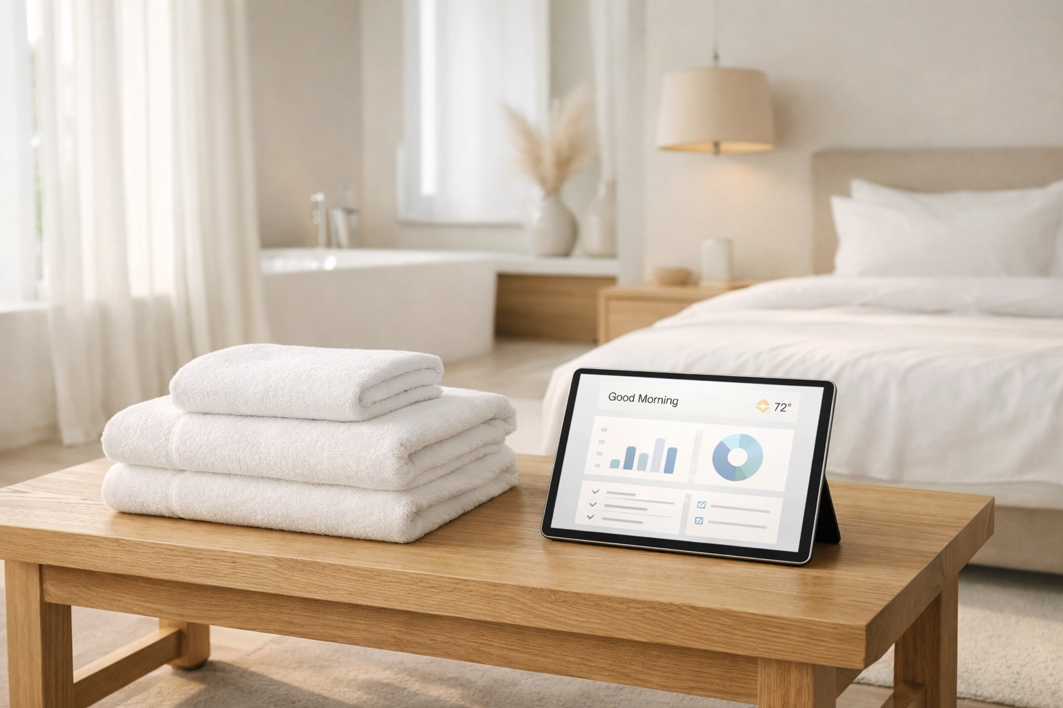 A tablet displaying an AI-driven housekeeping dashboard in a modern hotel room for efficient turnover.
