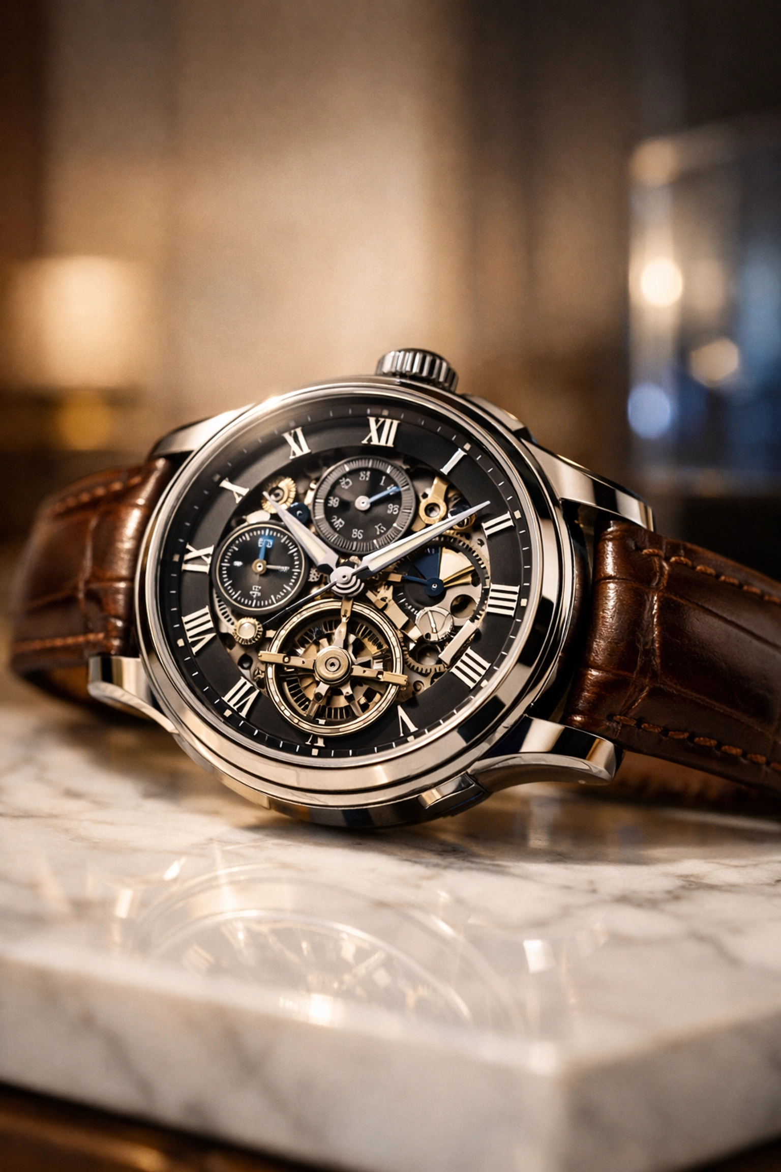 Luxury mechanical watch on marble, representing scheduled personal article floater insurance for high-end assets.