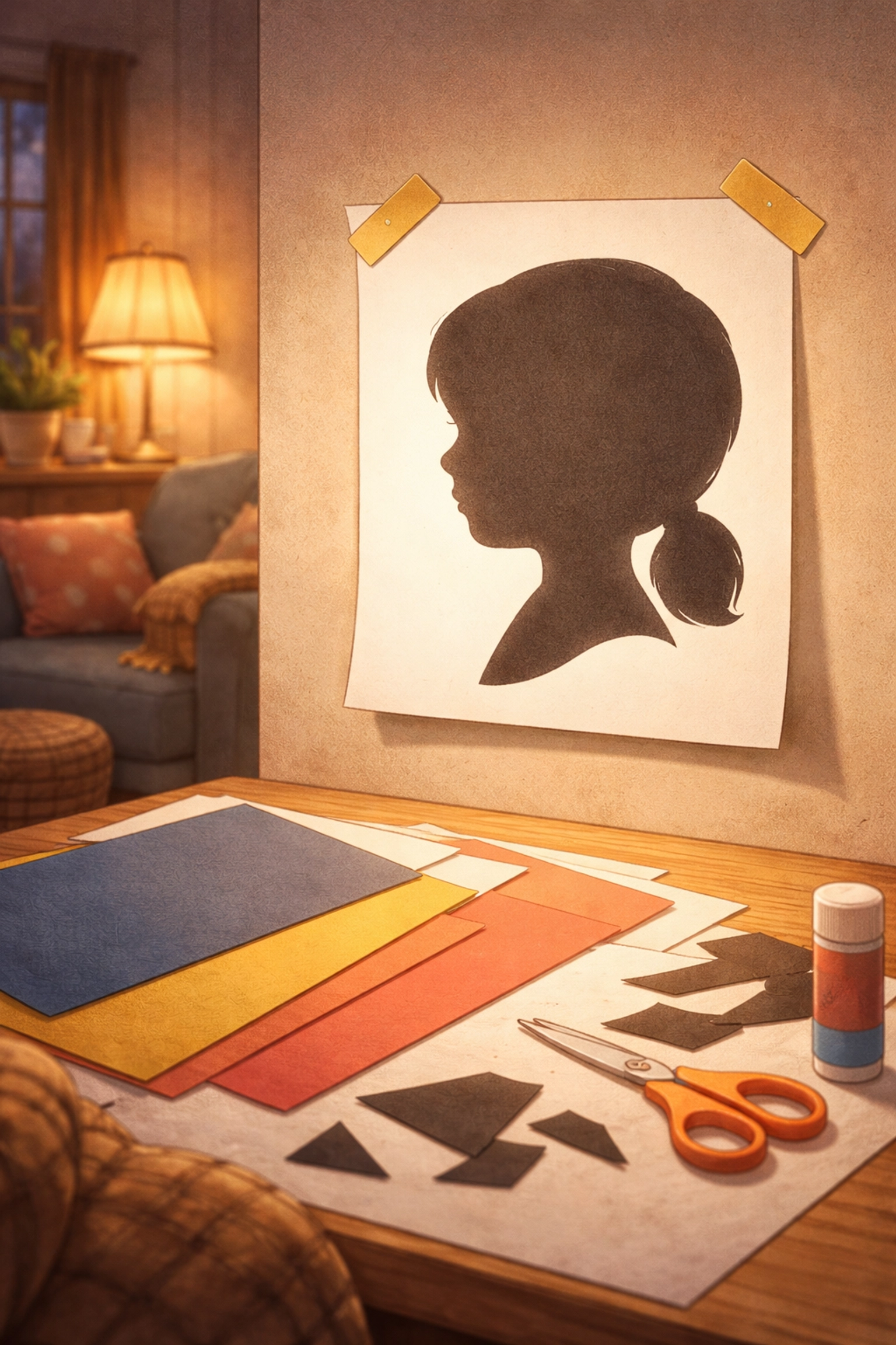 Family shadow tracing session with a child's profile silhouette being traced and craft supplies on a table