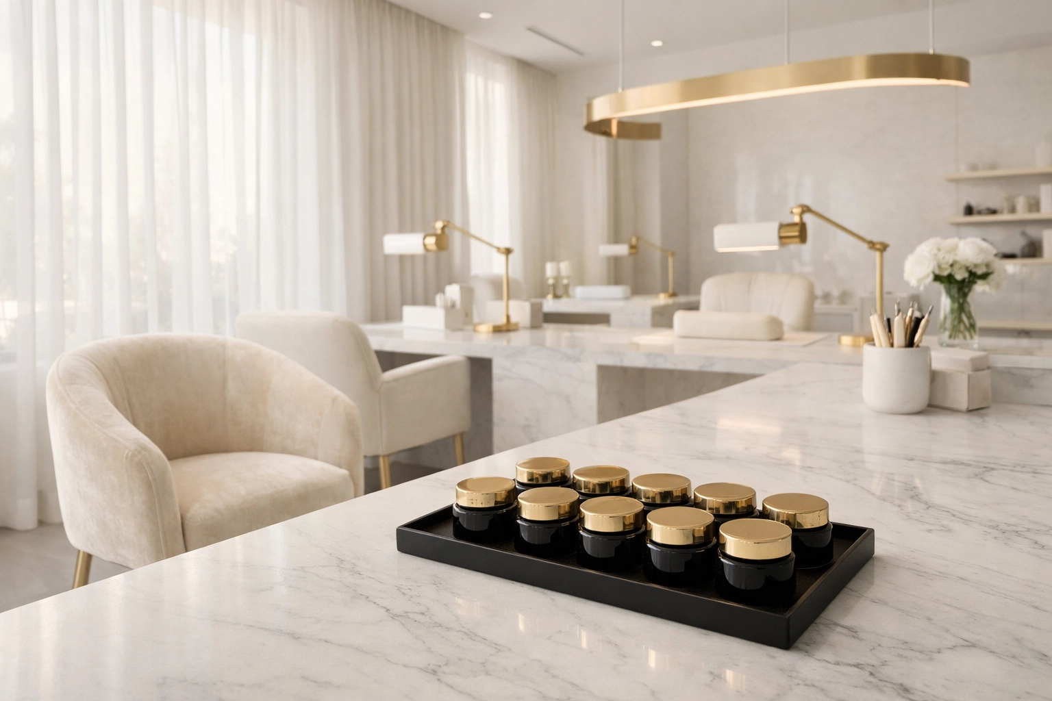 Luxurious private nail studio interior at Jazzy Salons Boston with marble workstations.