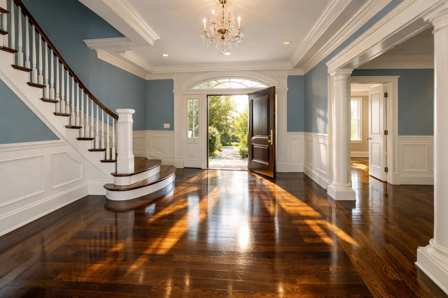 Sunlit foyer with polished floors representing top-tier residential cleaning Massachusetts.