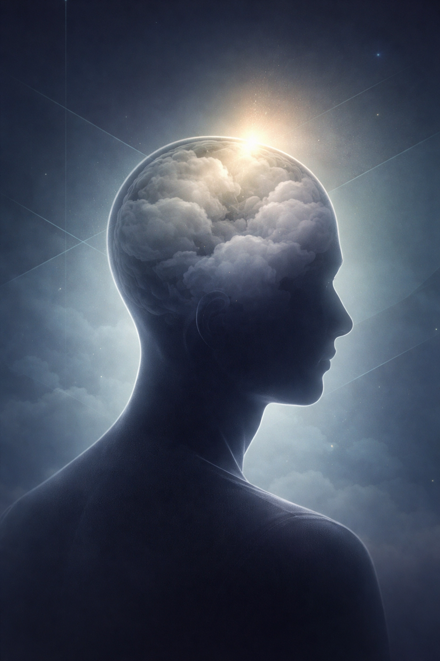 Digital illustration of a human silhouette with a foggy brain, representing brain fog and mental clarity