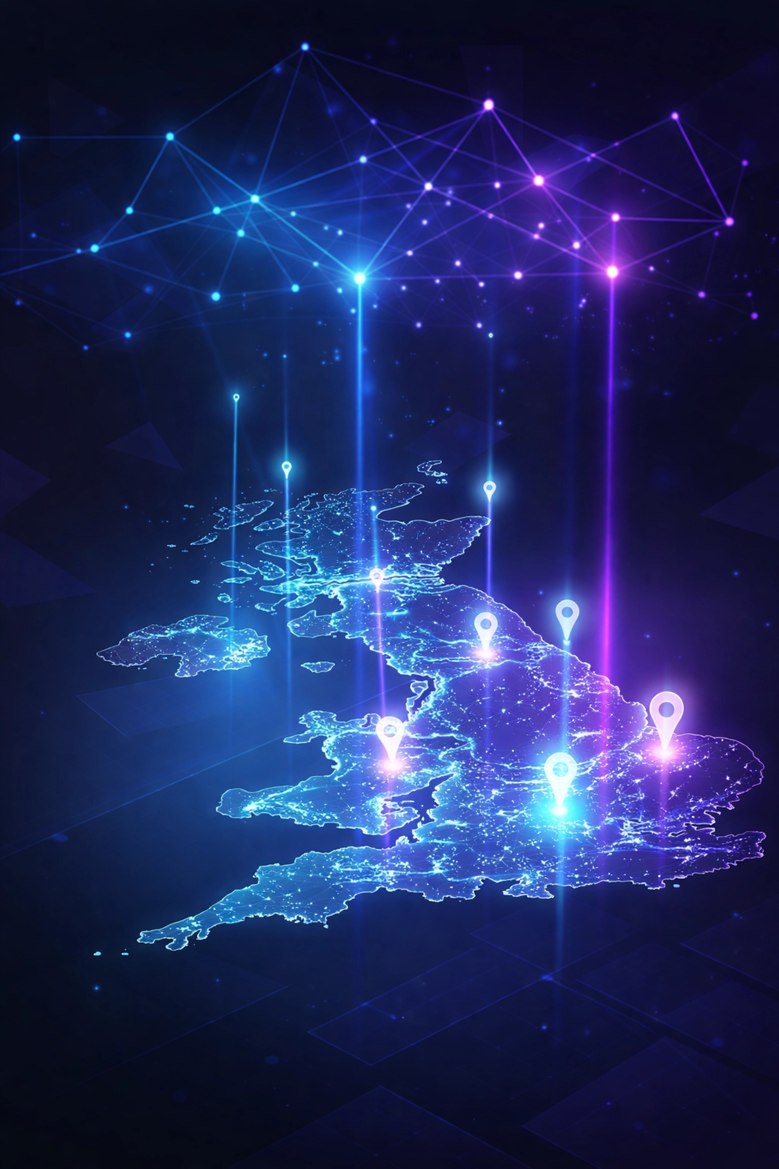 Glowing map of the UK with connected data points and location pins, highlighting AI-powered local SEO for small businesses.