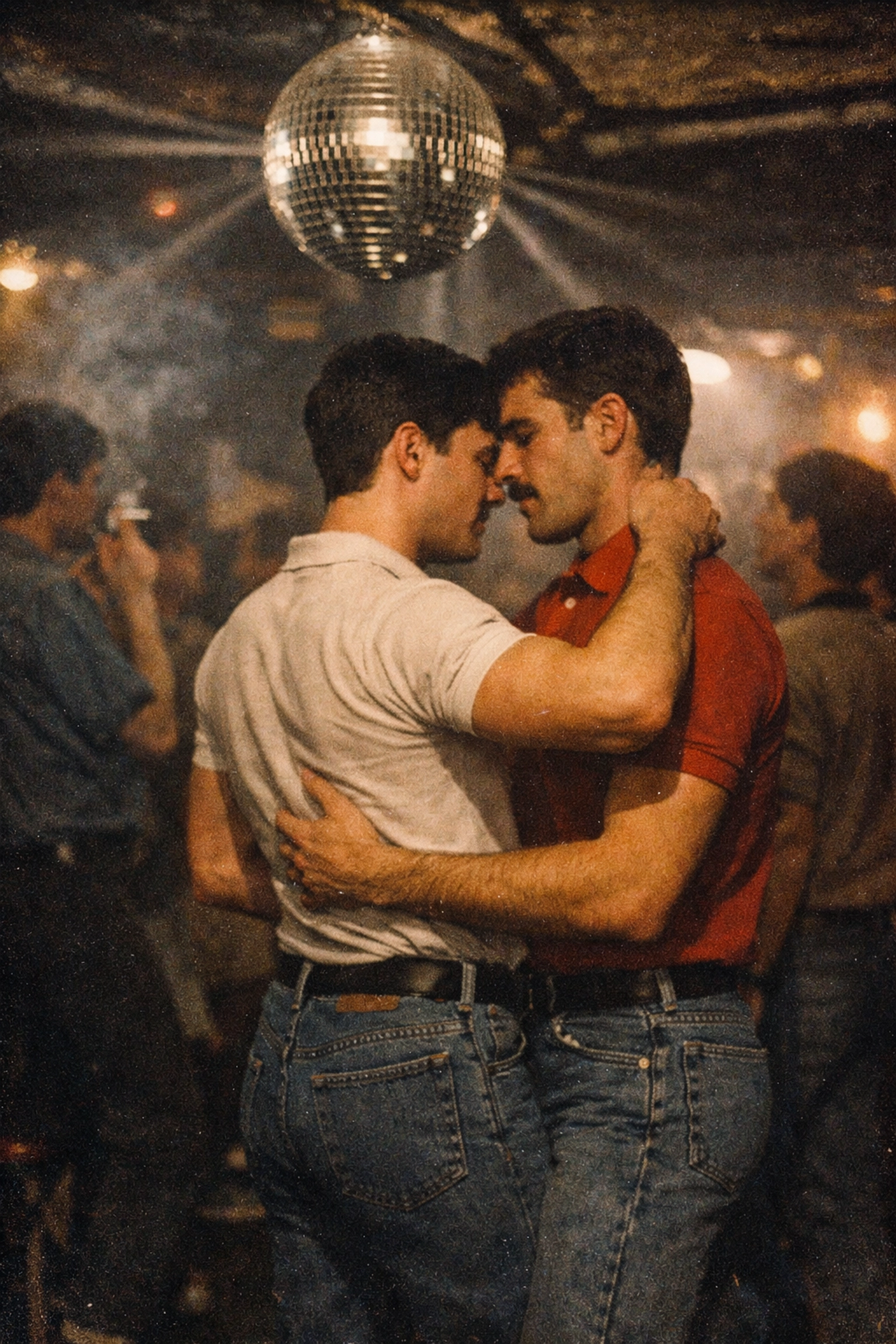 Two men dancing in a vintage 1984 underground gay disco in socialist Yugoslavia during the early LGBT movement.