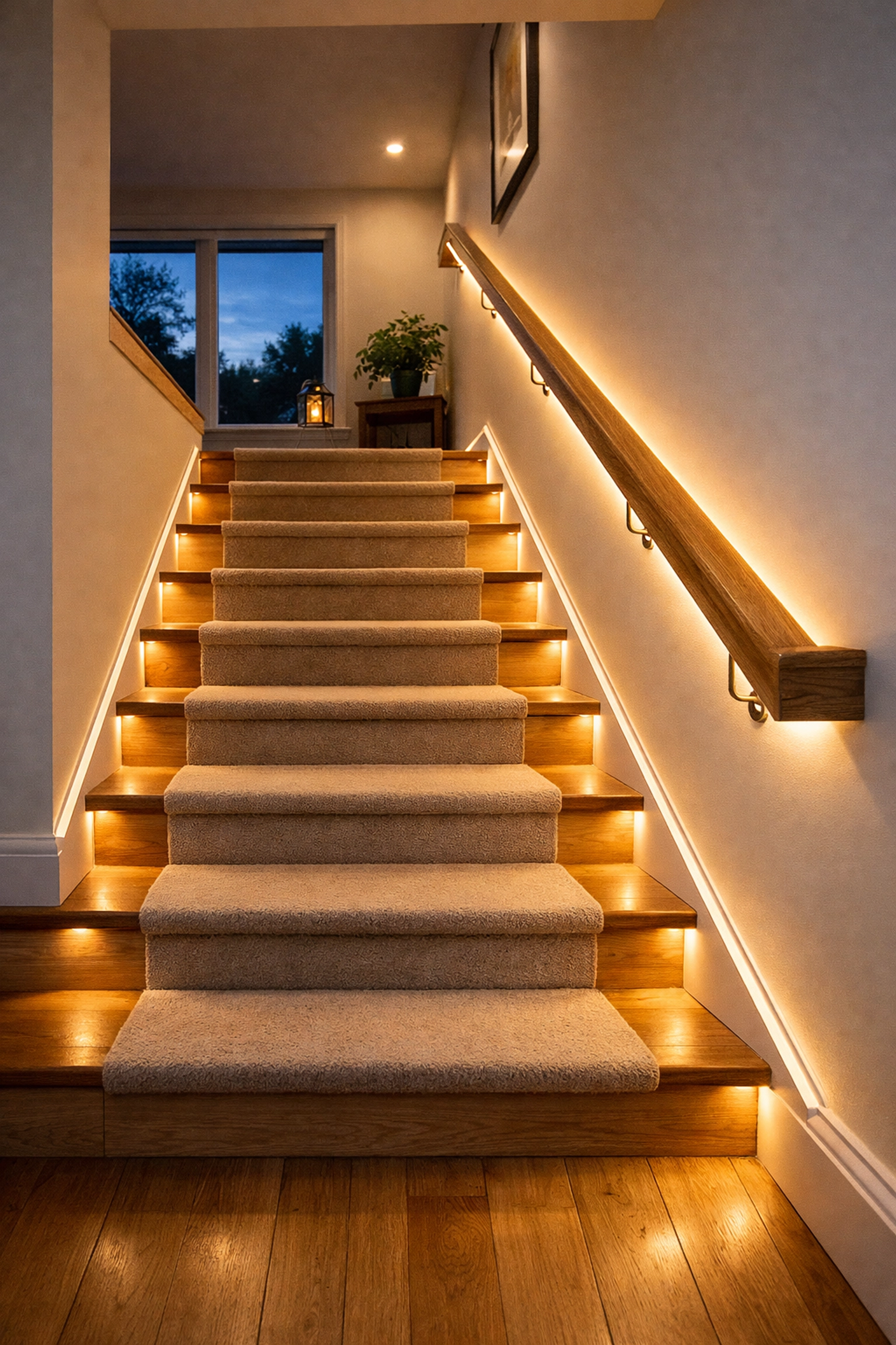 Modern staircase with warm LED strip lighting under the handrail for improved stair safety at night.