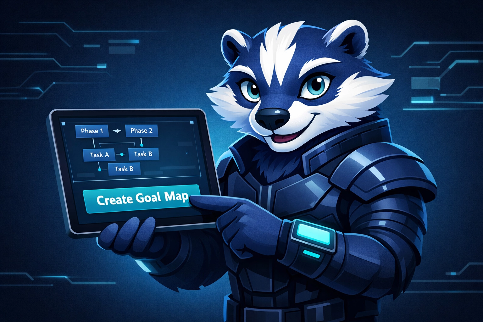 Goalbadger mascot holding a tablet with “Create Goal Map” CTA, friendly strategist vibe, clean modern tech style (no cape, athletic build, three-part white forehead blaze, navy segmented armor, supportive mentor vibe).
