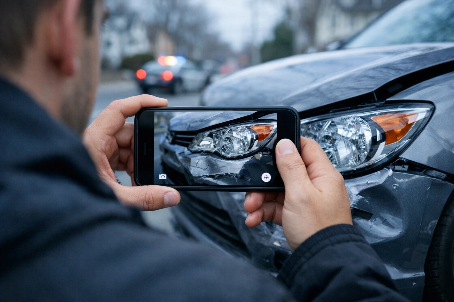 Documenting car accident damage with smartphone for insurance claim evidence