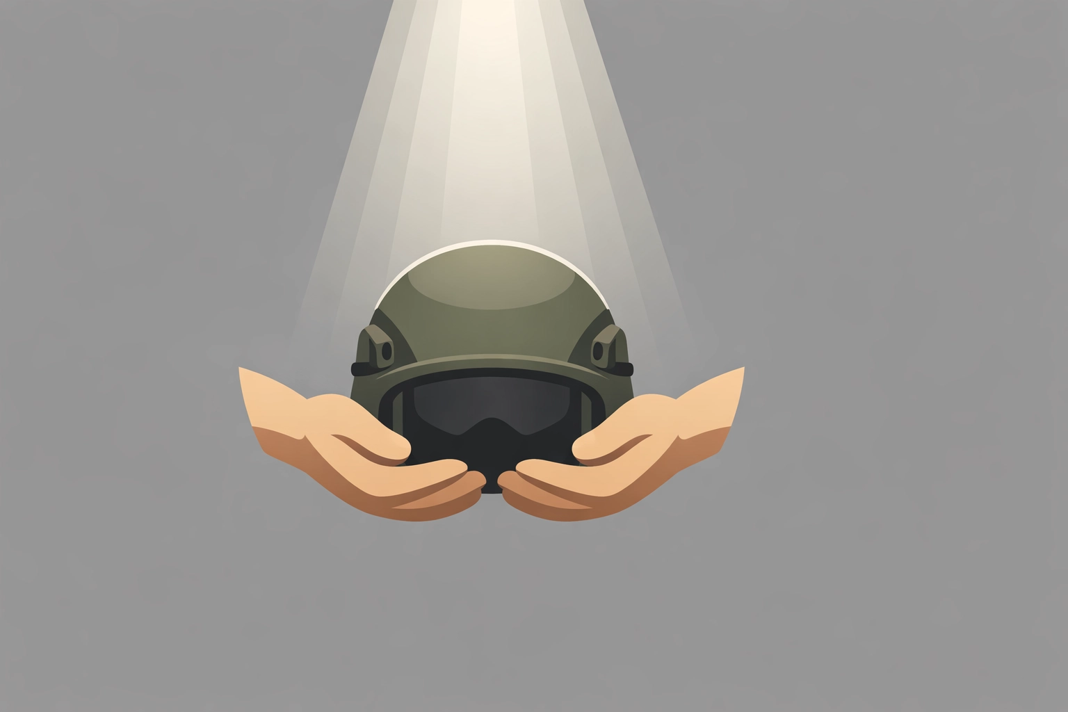 Minimalist vector illustration symbolizing humility and sacrifice (helmet lowered with light from above)
