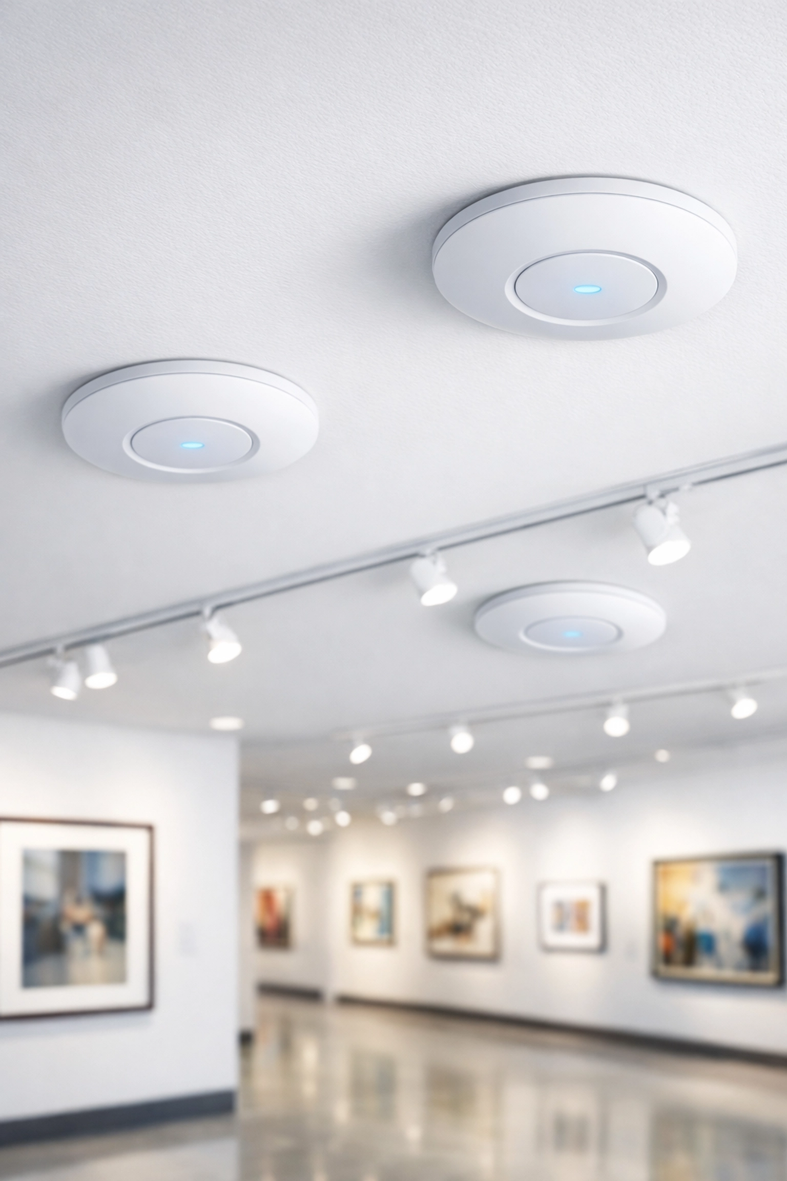 Professional WiFi access points installed on museum ceiling for reliable connectivity