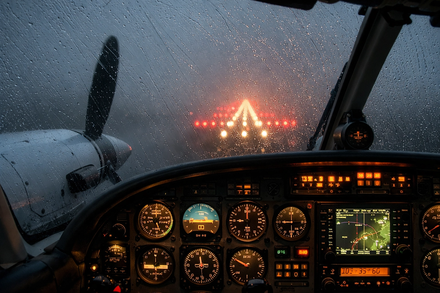 Cockpit view of an OEI instrument approach in a multi-engine aircraft during low visibility.
