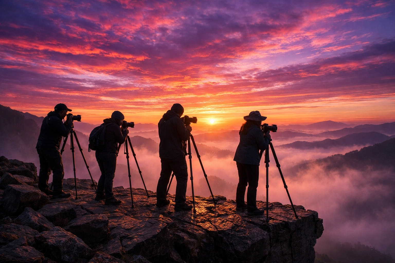 A group of photographers at sunrise practicing advanced skills from our photography tutorials.