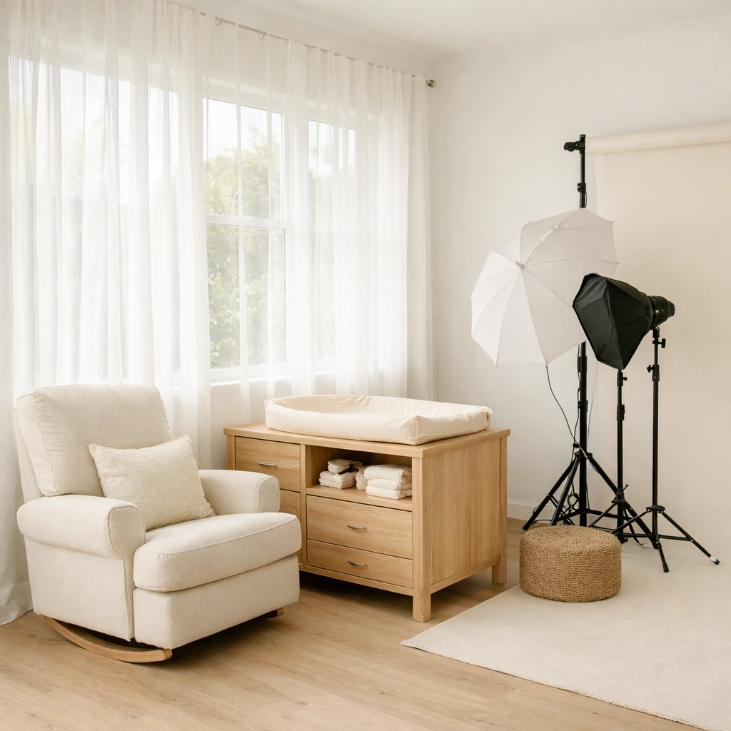 Minimalist Northern Beaches newborn photography studio interior with nursing chair and natural light.