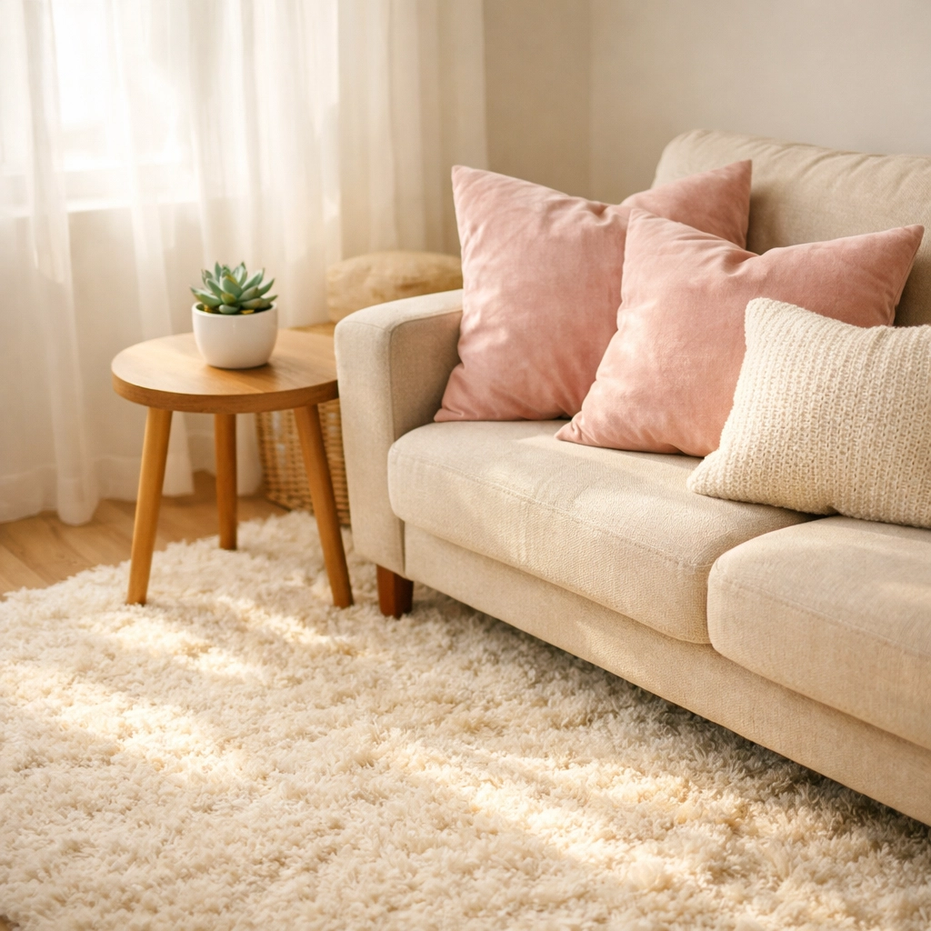Cozy apartment living room with area rug, throw pillows, and neutral renter-friendly decor