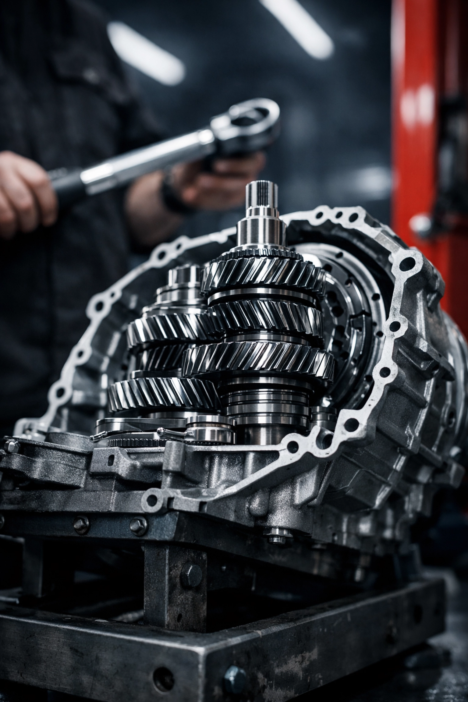 Internal gears of a vehicle transmission undergoing a professional rebuild in a modern workshop.