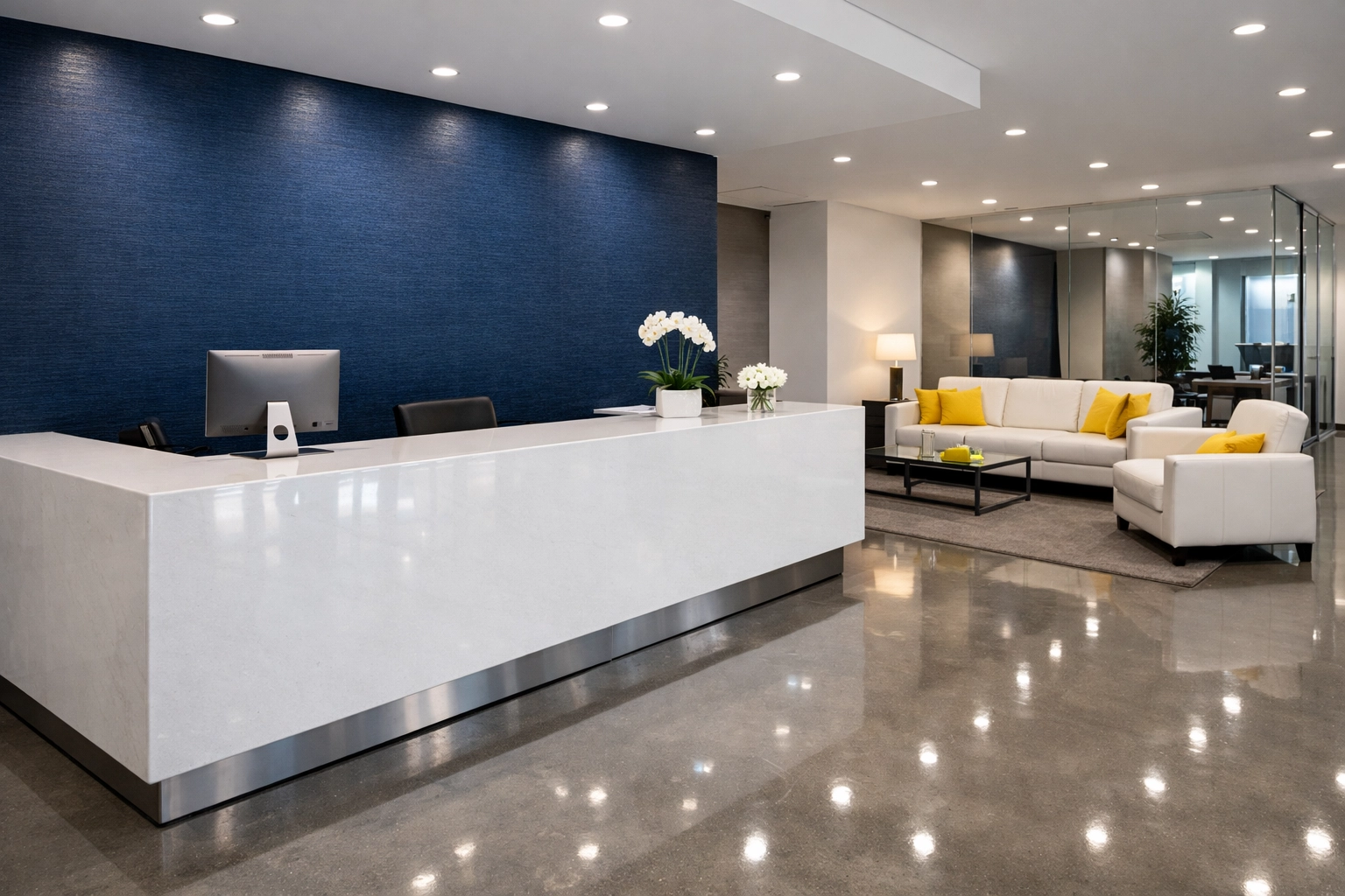 Spotless modern corporate reception area in Harvard featuring polished floors and sanitized surfaces.