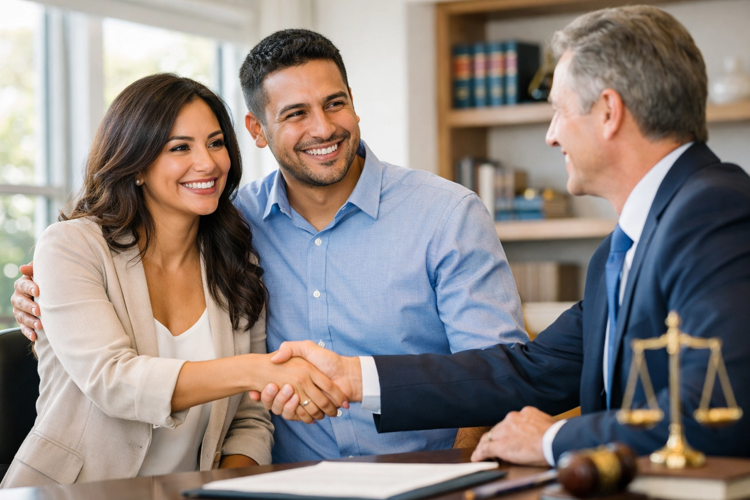 Couple shaking hands with an immigration attorney in Sacramento during an adjustment of status meeting.