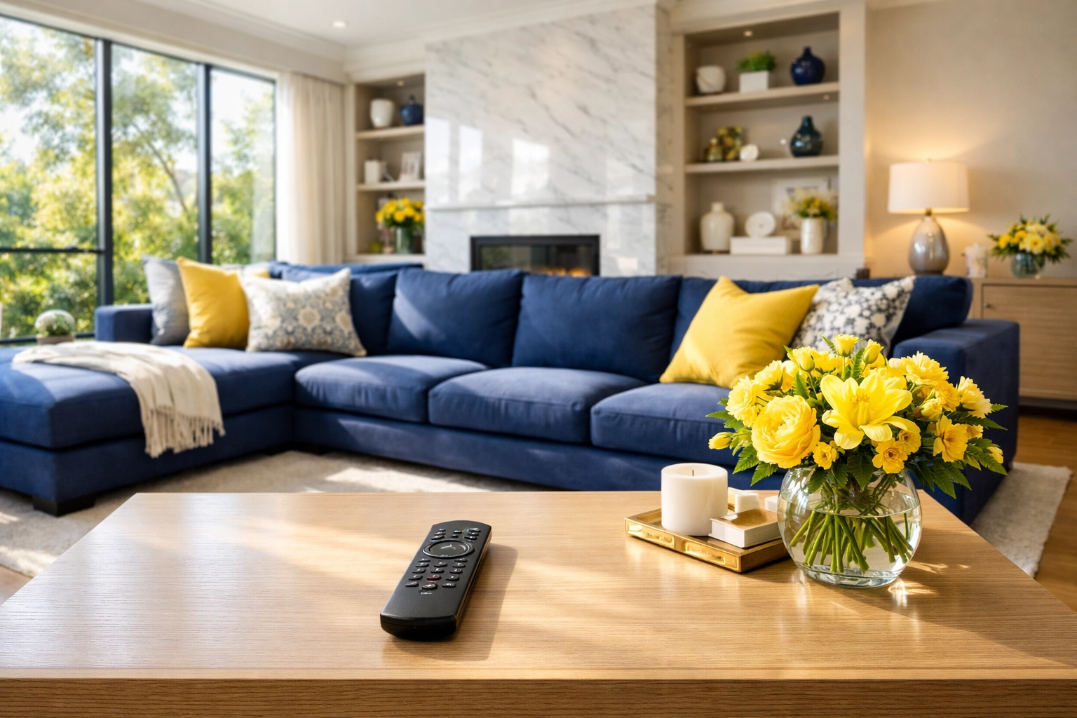 A sanitized television remote control on a coffee table in a pristine, healthy living room.