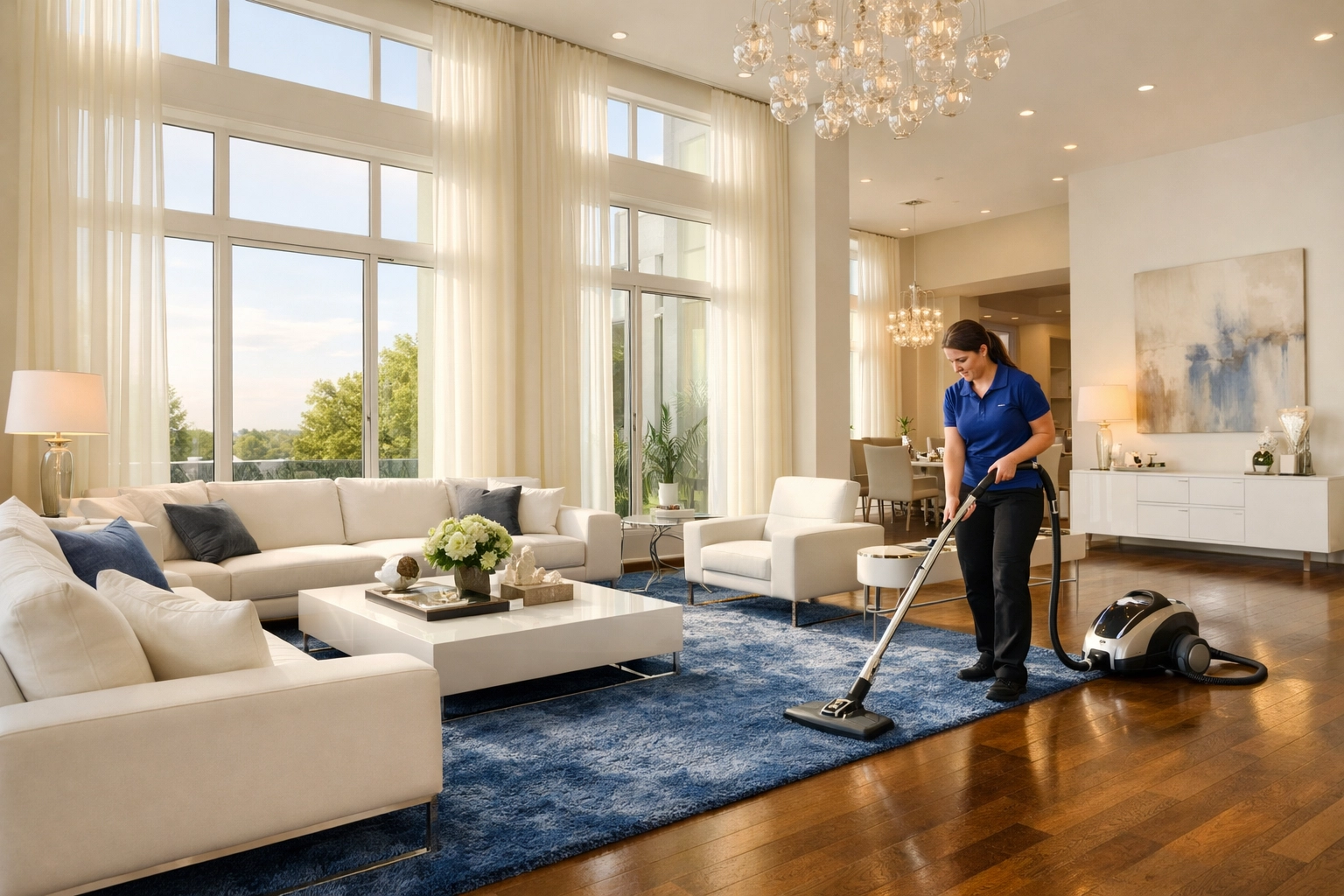 Weekly house cleaning service vacuuming a bright, luxury MetroWest living room with hardwood floors.