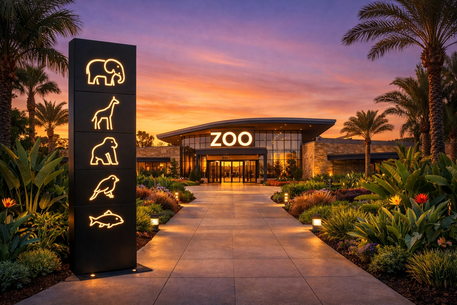 Contemporary zoo entrance with branded wildlife wayfinding signage and modern visitor center.
