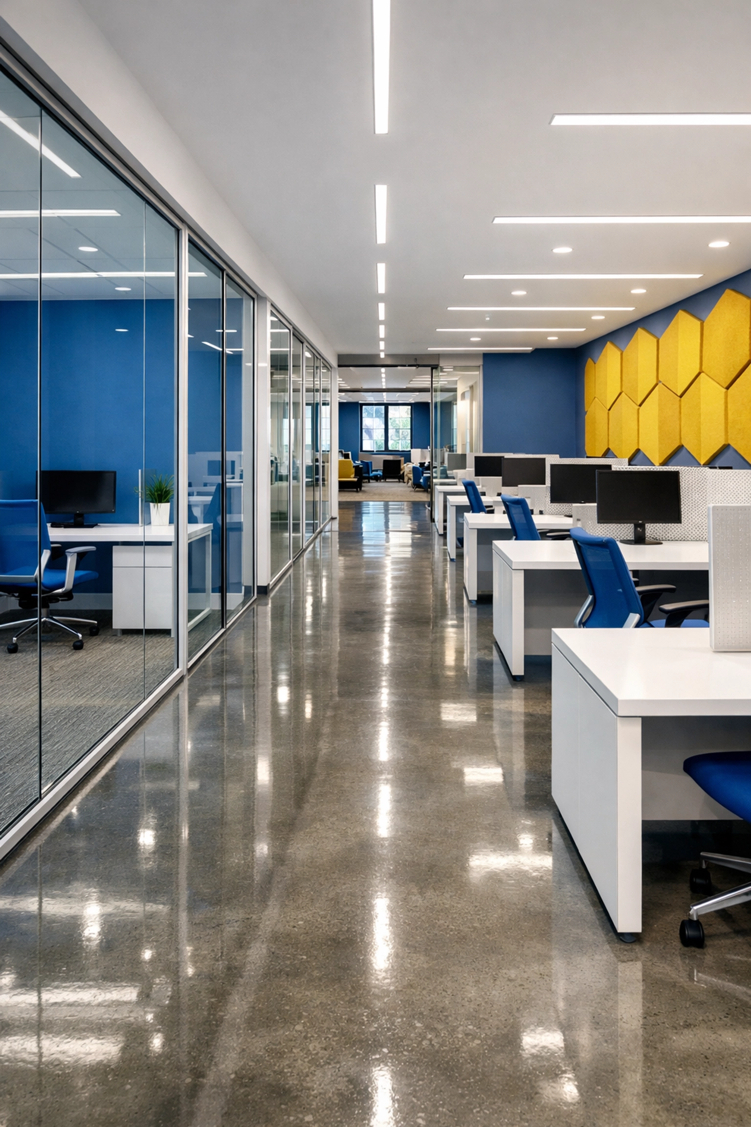 A clean, modern office workspace in Massachusetts maintained by professional commercial cleaning services.
