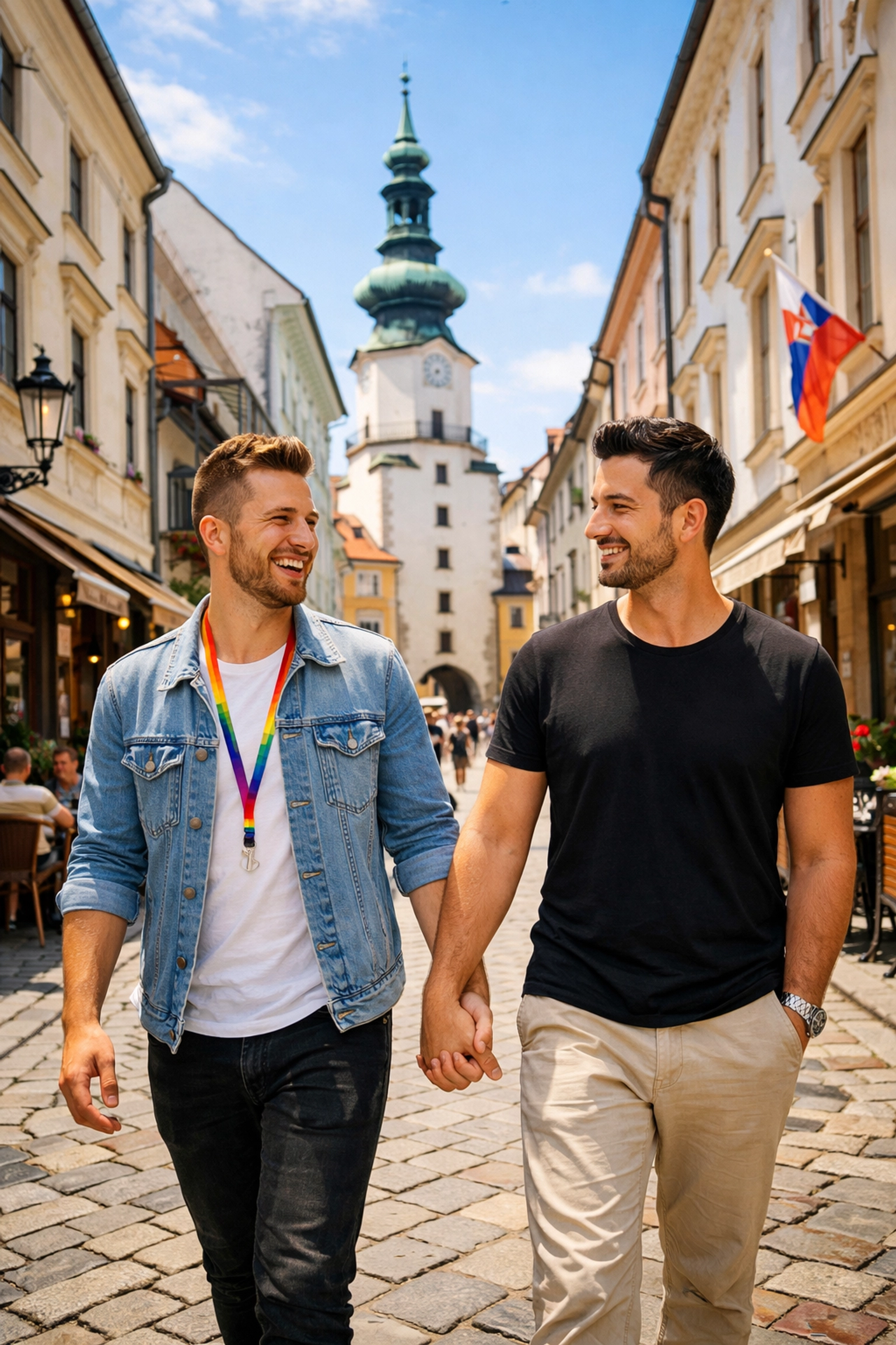 Gay men walking hand-in-hand through the historic streets of Bratislava for queer visibility.