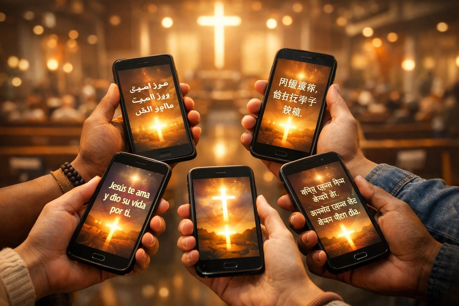 Diverse hands holding smartphones displaying gospel message in multiple languages for ministry outreach