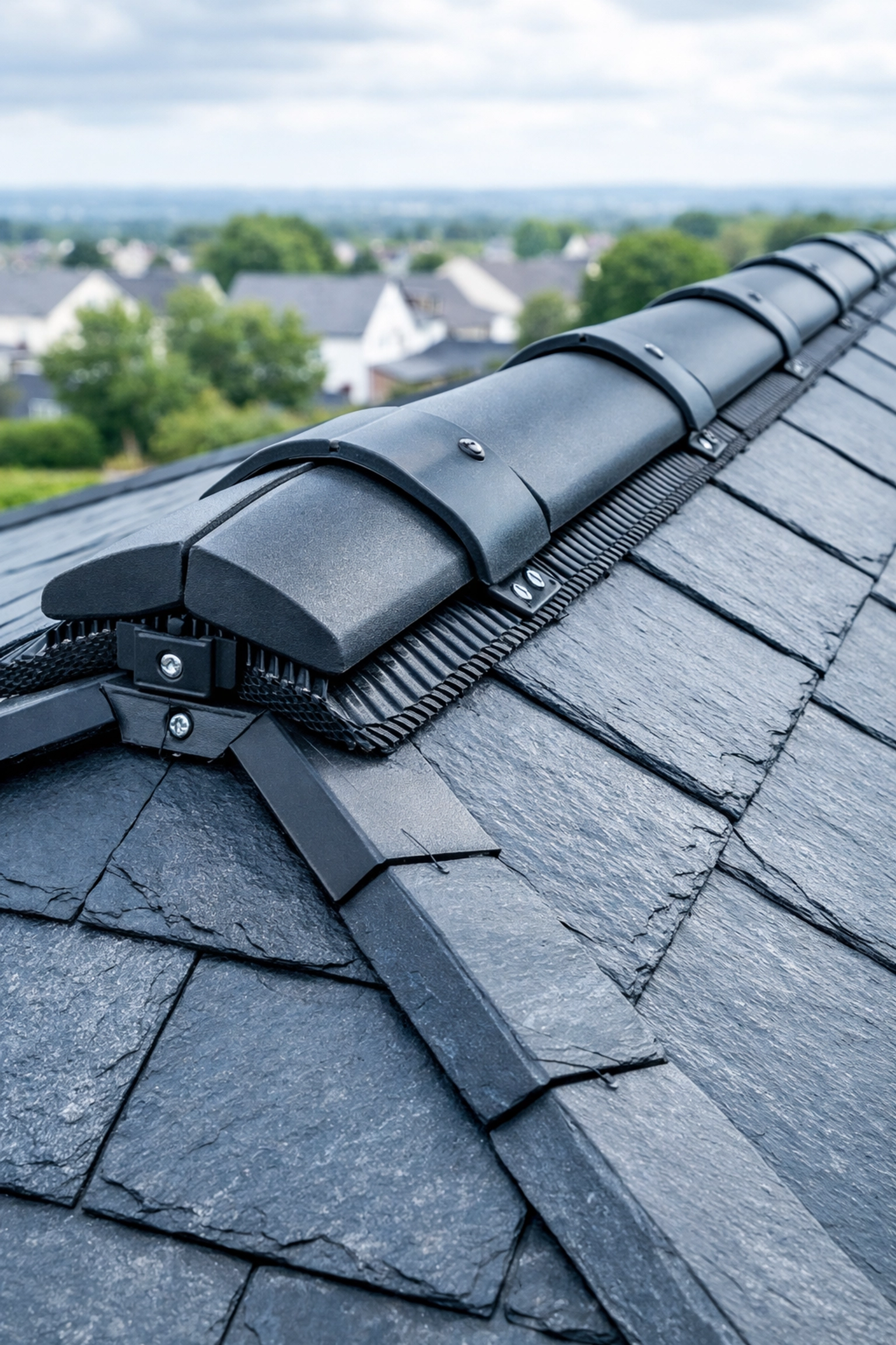 Modern dry ridge roofing system on a slate roof, showing secure mechanical fixings for wind resistance in Northern Ireland.