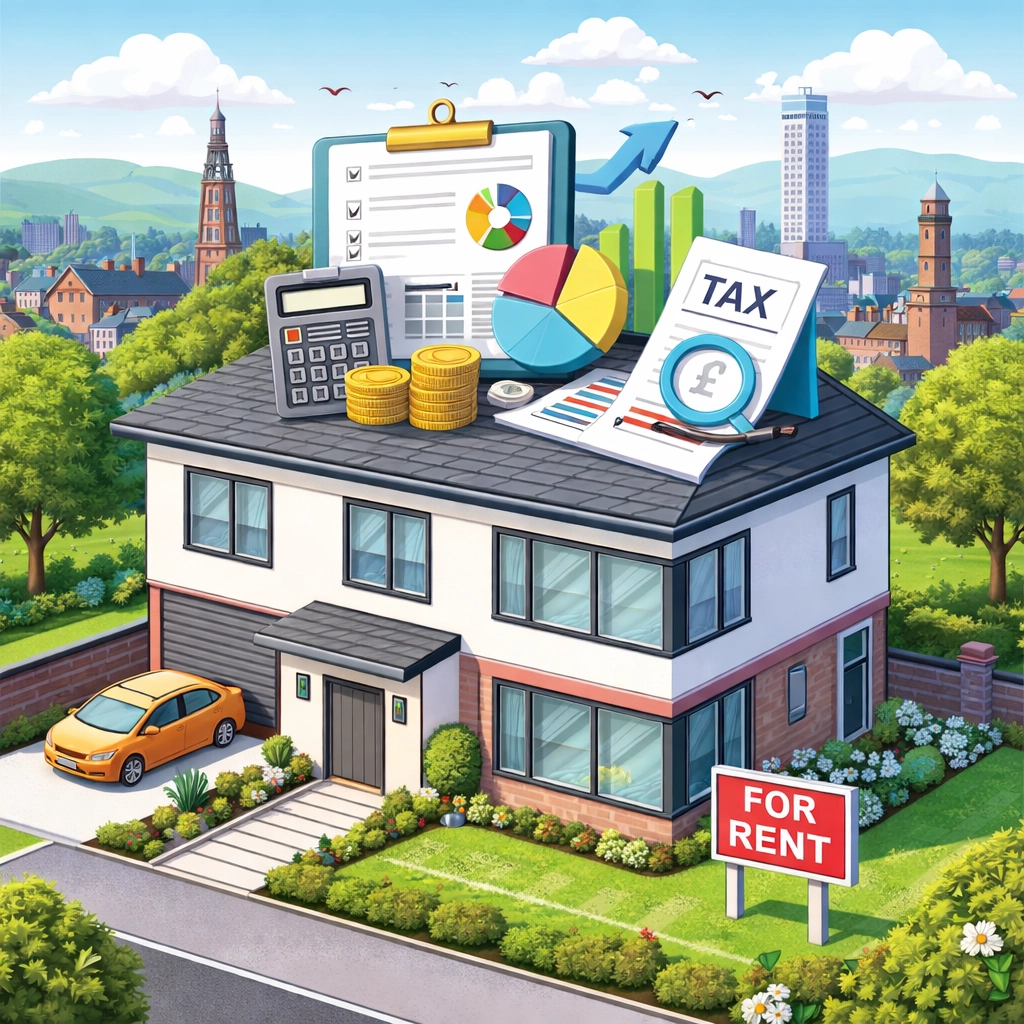 Modern Oldham rental property with finance icons, highlighting limited company buy-to-let advantages