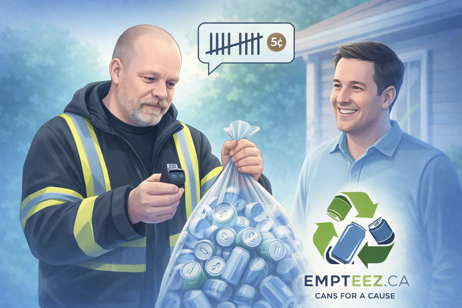On-the-spot counting with a 5¢ per can credit shown by icons (Empteez.ca)