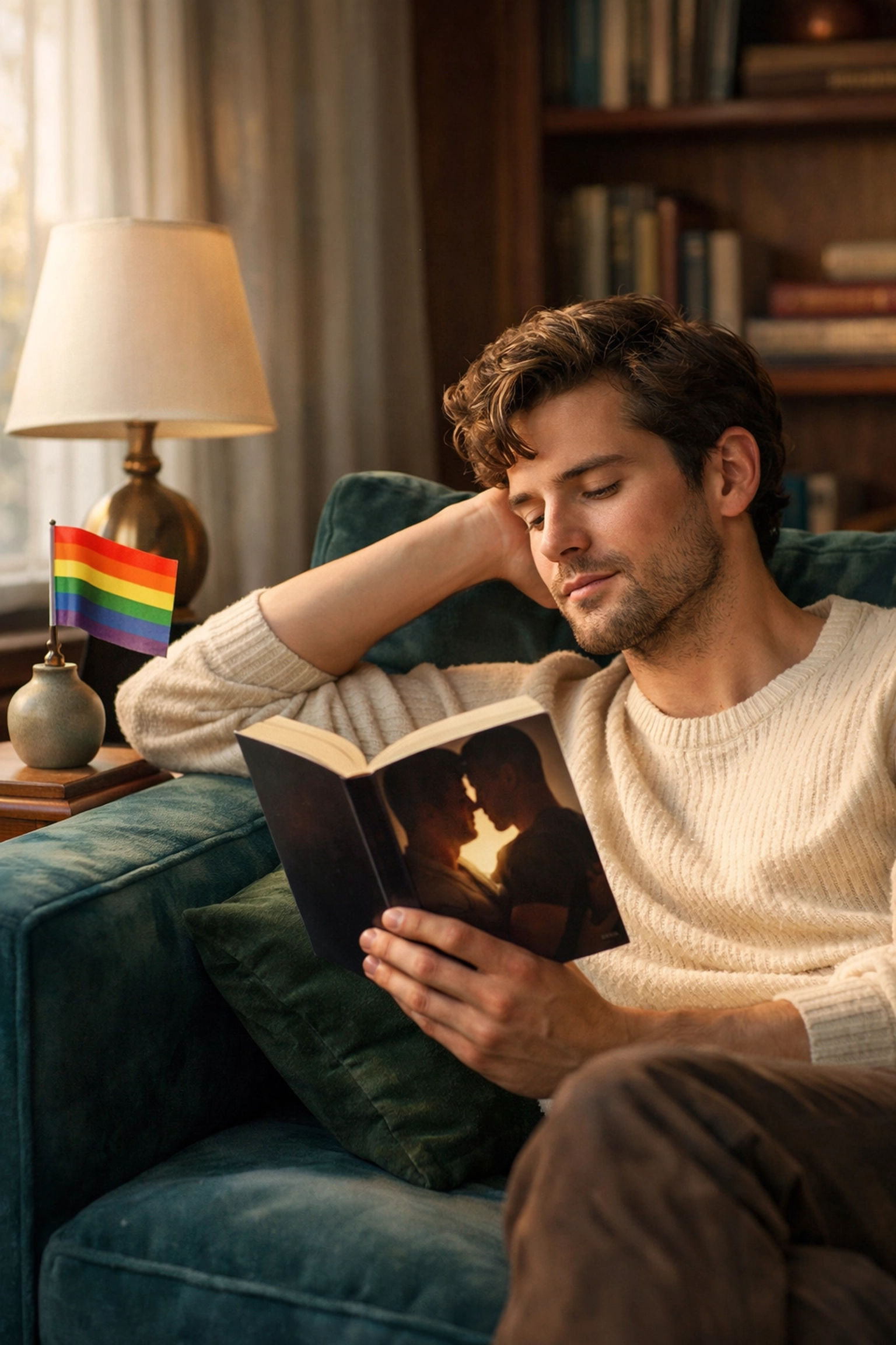 A young man reading an MM romance book at home, showcasing the joy of modern gay literature and representation.