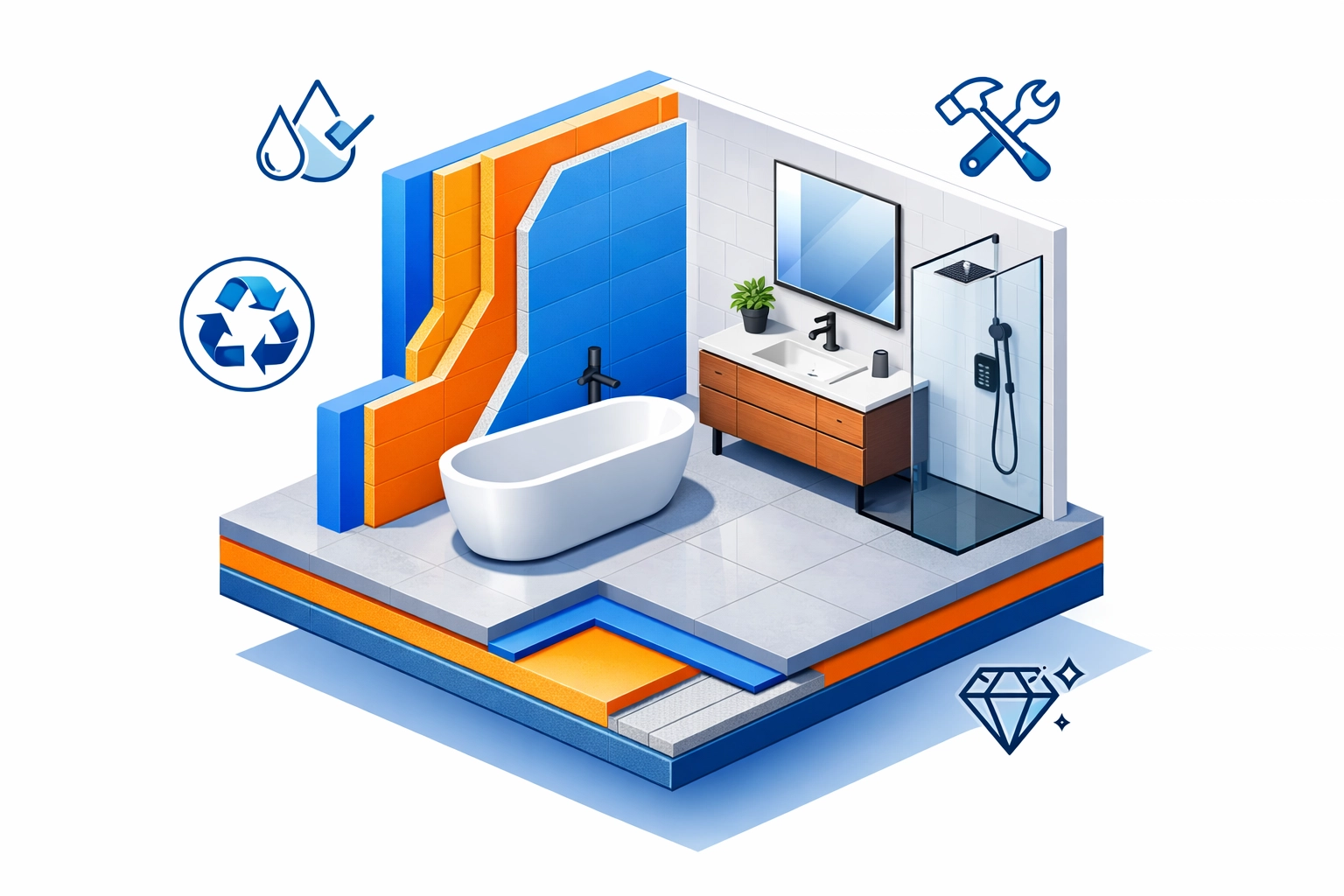 Isometric illustration of a modern eco-friendly bathroom renovation in Guildford featuring sustainable fixtures.