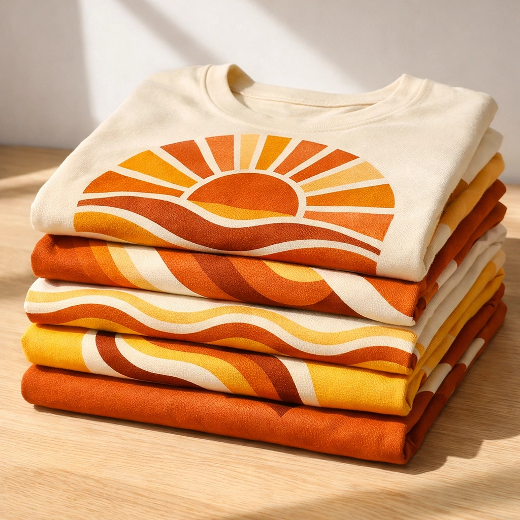 Stack of folded premium summer camp t-shirts featuring retro 1970s stripes and sunburst graphic designs.