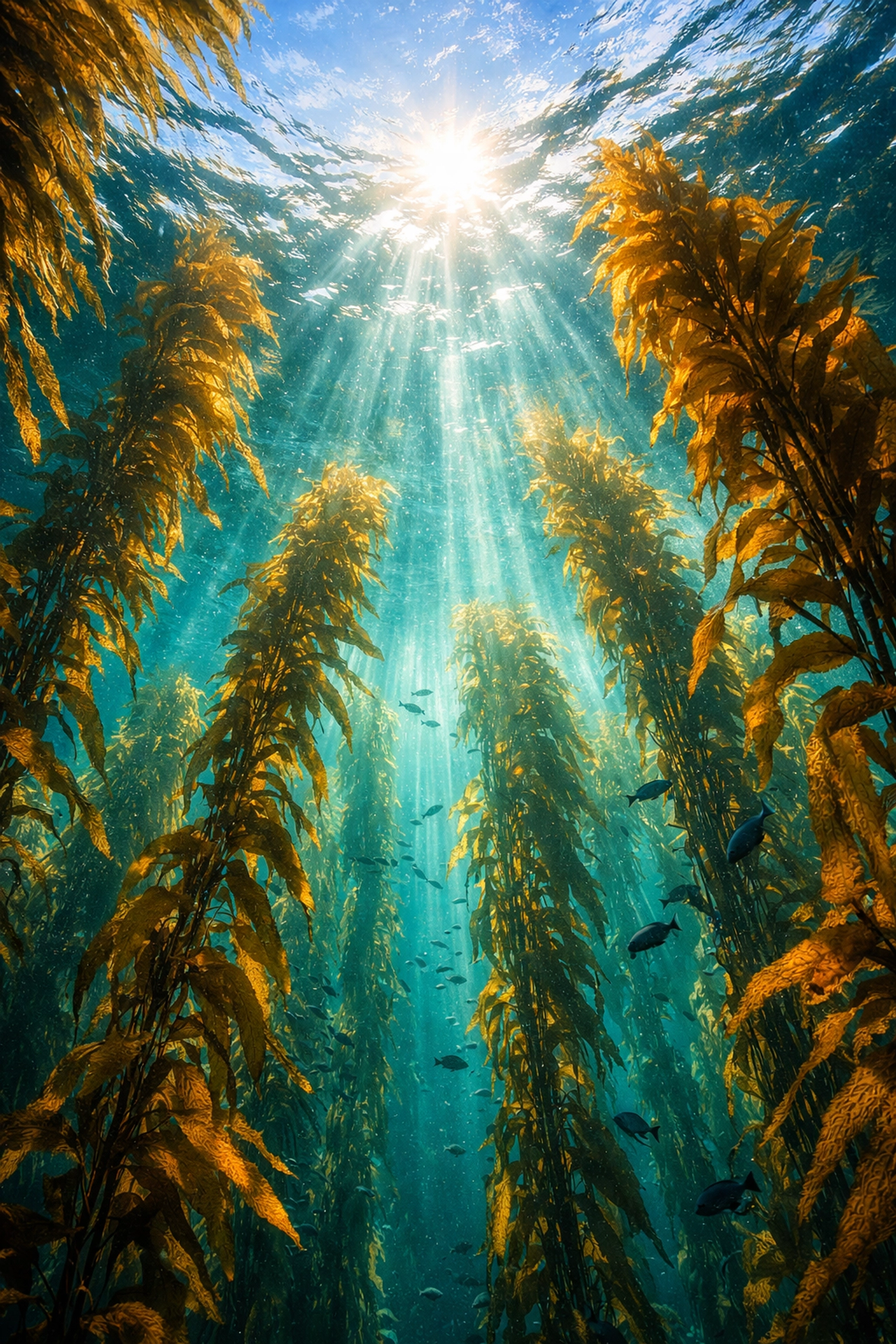 Underwater view of California kelp forest ecosystem off San Diego coast
