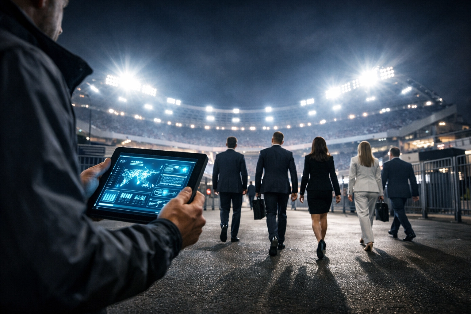 Logistics coordinator using a tablet to manage executive stadium access and travel security at the Super Bowl.