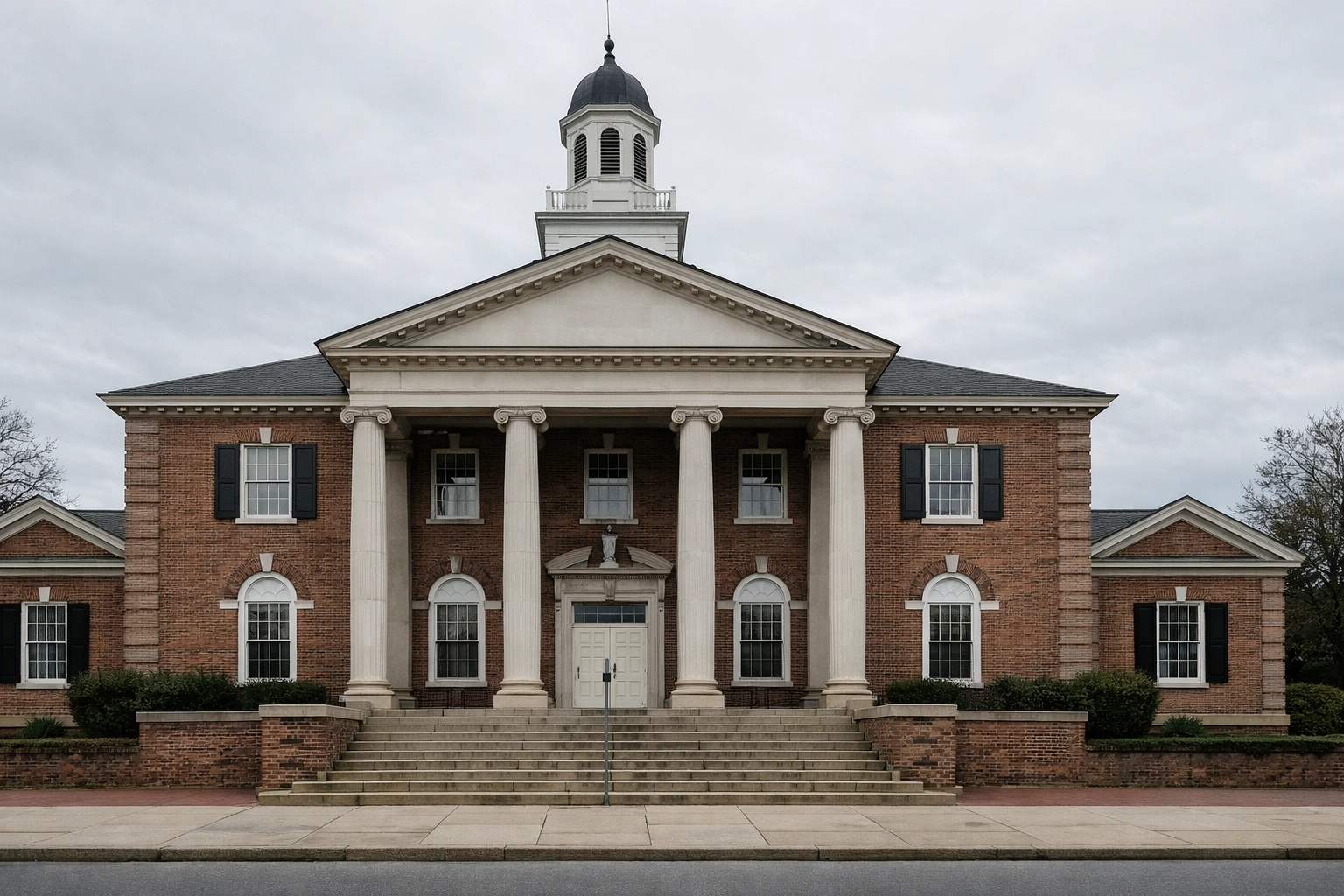 Historic Virginia courthouse facade with classic columns, empty steps, and overcast daylight