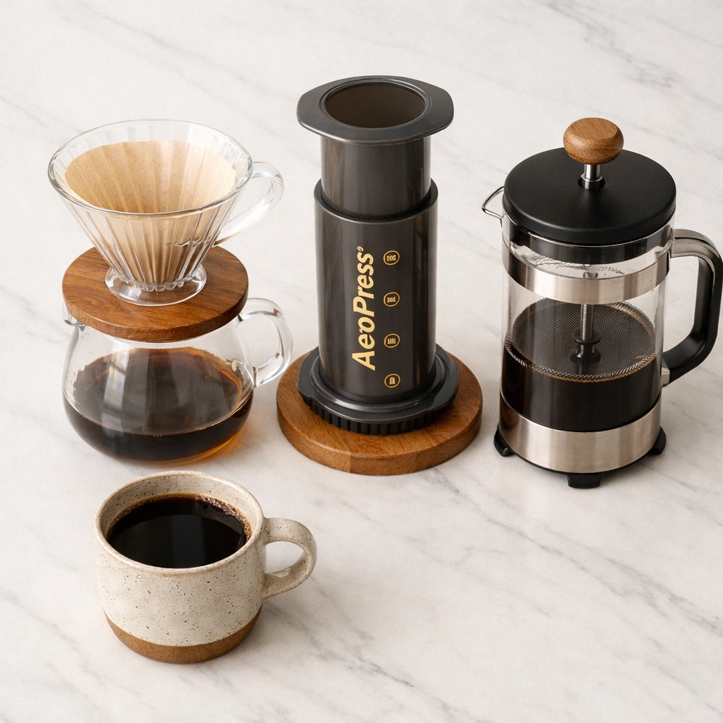 Collection of home brewing gear including a V60, AeroPress, and French press on a kitchen counter.