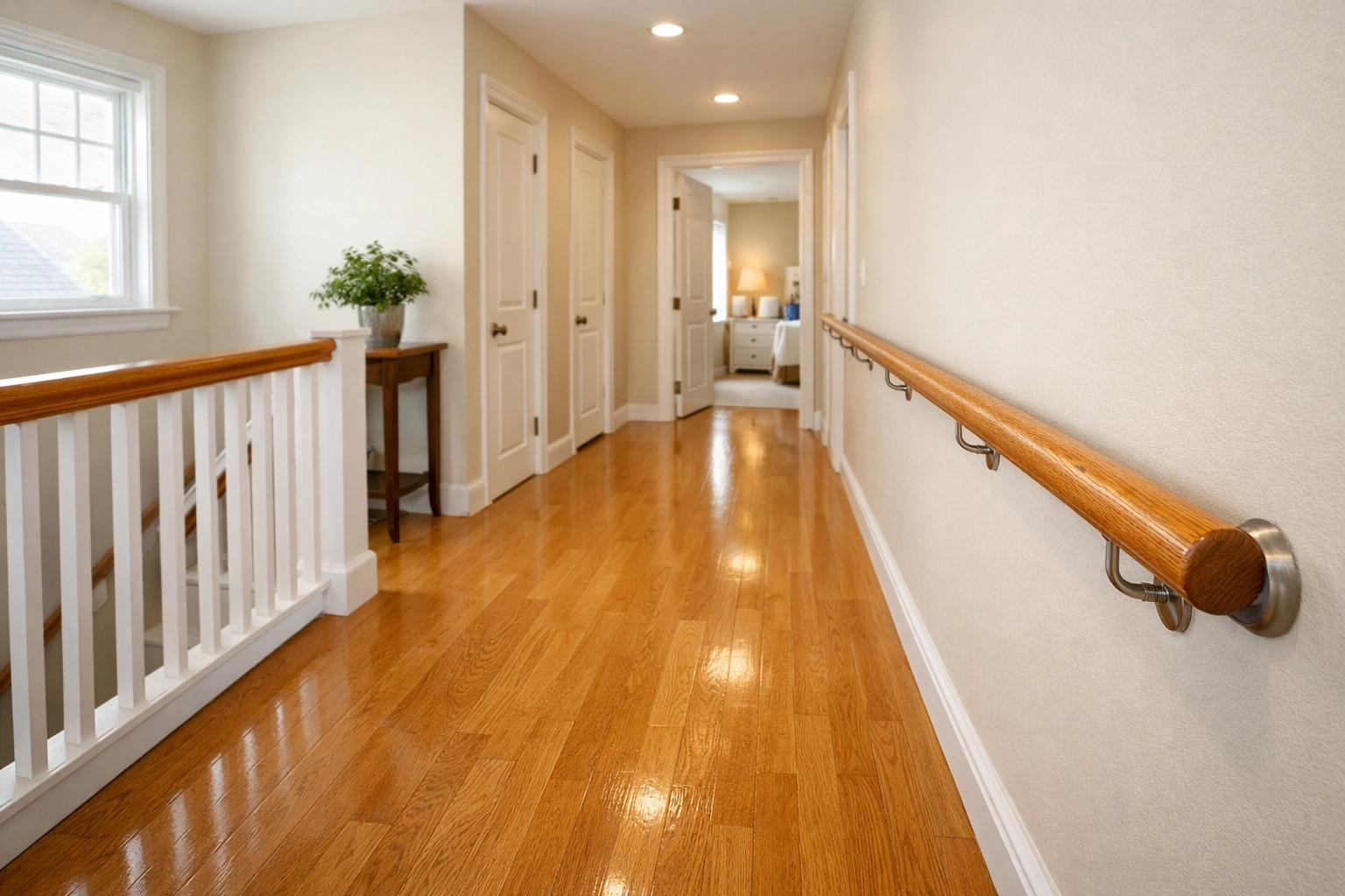 A bright, clutter-free hallway with a wooden handrail, showing a safe, clear path for fall prevention.