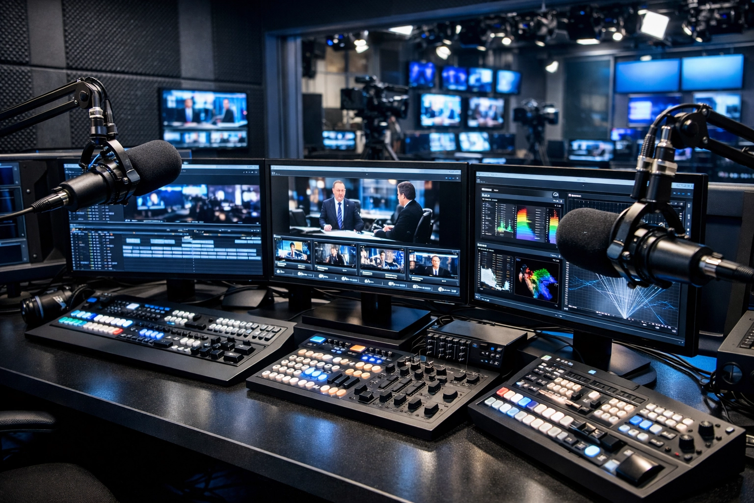 High-tech media production suite used for managing daily press cycles and scalable brand operations.