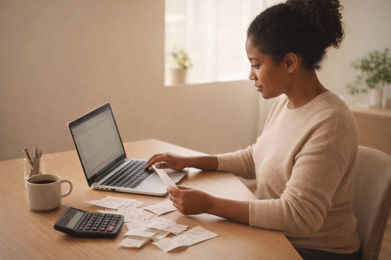 Cluttered desk showing DIY bookkeeping chaos with receipts, calculator, and laptop for small business