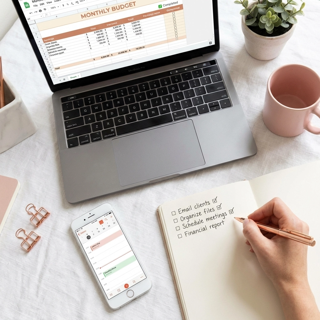 Flat-lay of a tidy desk with digital tools and checklists, representing efficient time management and admin task delegation.