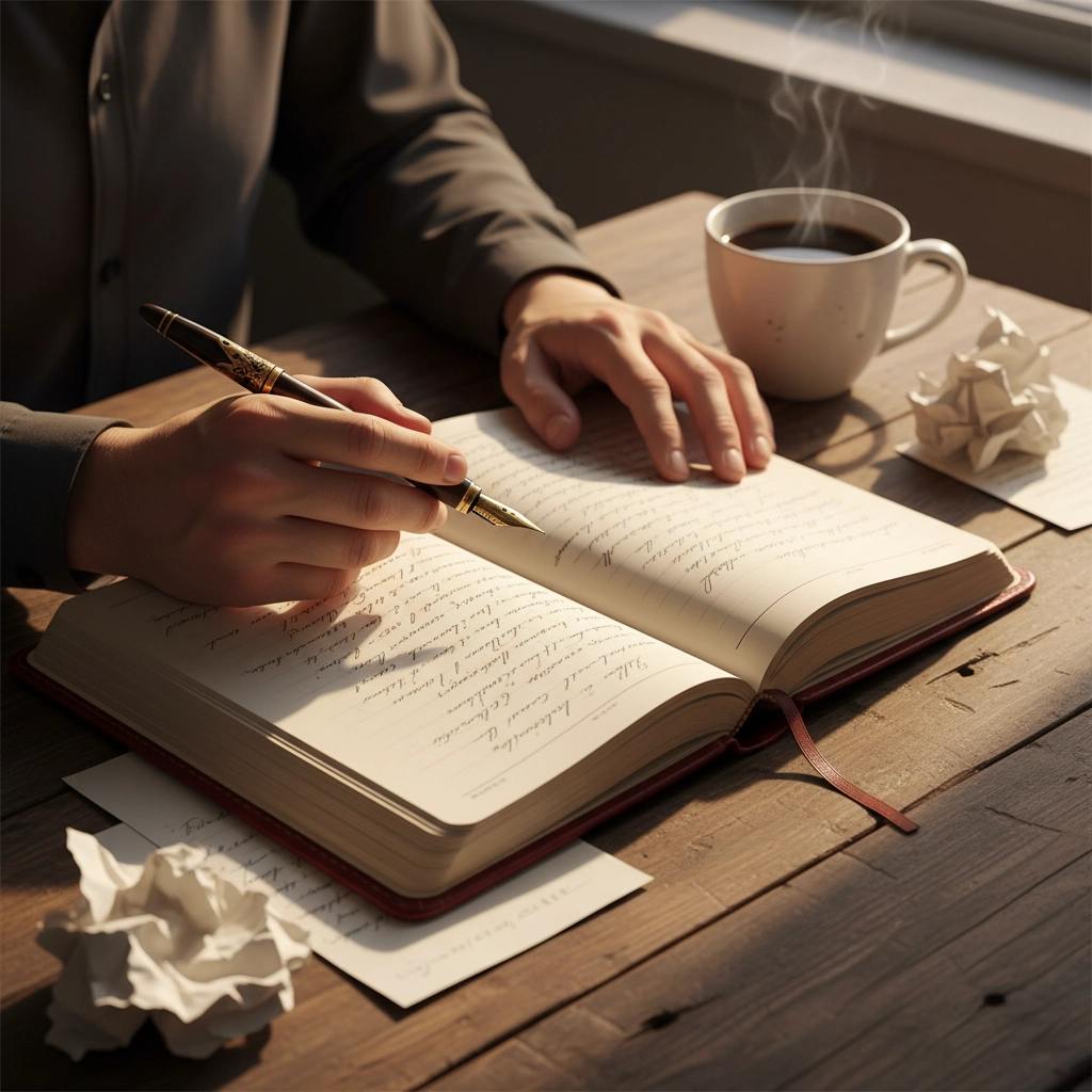 A person writes thoughtfully in a notebook with a fountain pen beside a steaming cup of coffee and crumpled paper, representing the focused, creative process of refining a first draft into a polished book.
