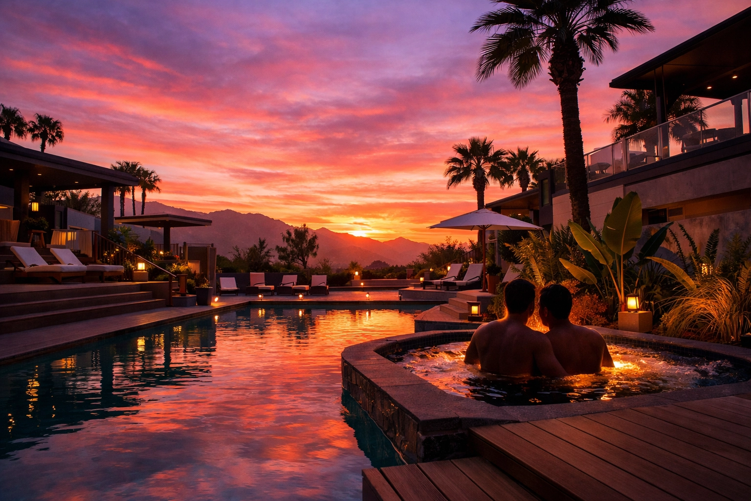 Sunset view of luxury nudist resort pool in Palm Springs with couple in hot tub