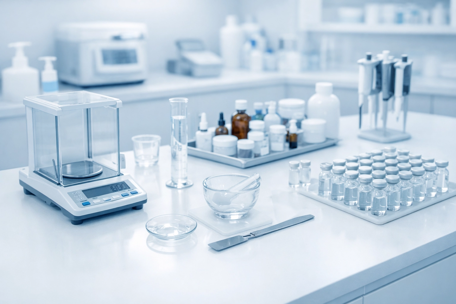 Compounding pharmacy workspace with medication preparation equipment and sterile tools