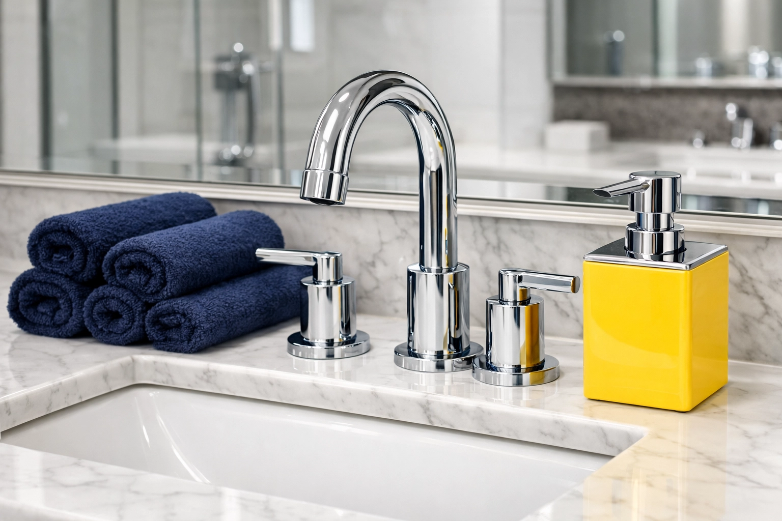 Sanitized bathroom vanity with sparkling chrome fixtures following an intensive deep cleaning.