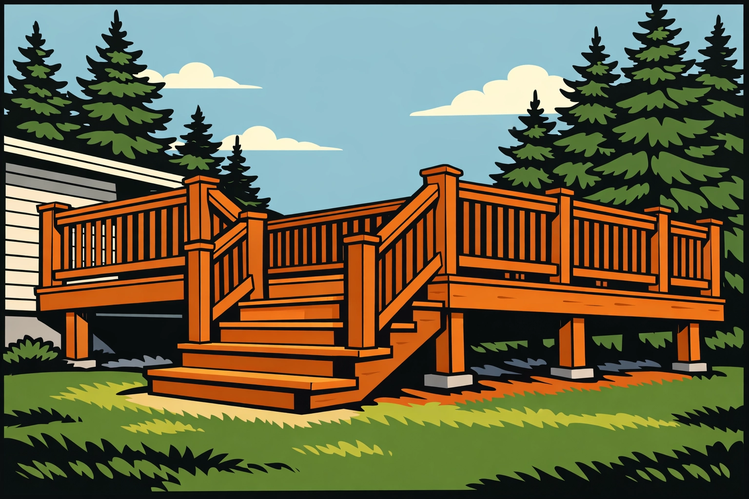 Newly repaired wooden deck with secure railings, demonstrating professional maintenance in NH.