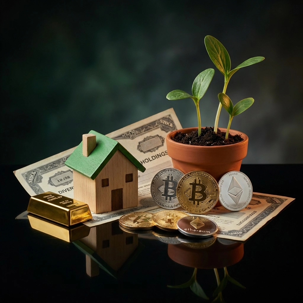 Diverse investment assets including gold, real estate, crypto, and stocks illustrate optimal portfolio diversification.