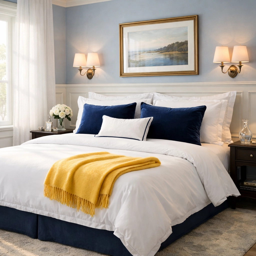 Expertly made bed in a luxury North Shore bedroom as part of a premier housekeeping service.
