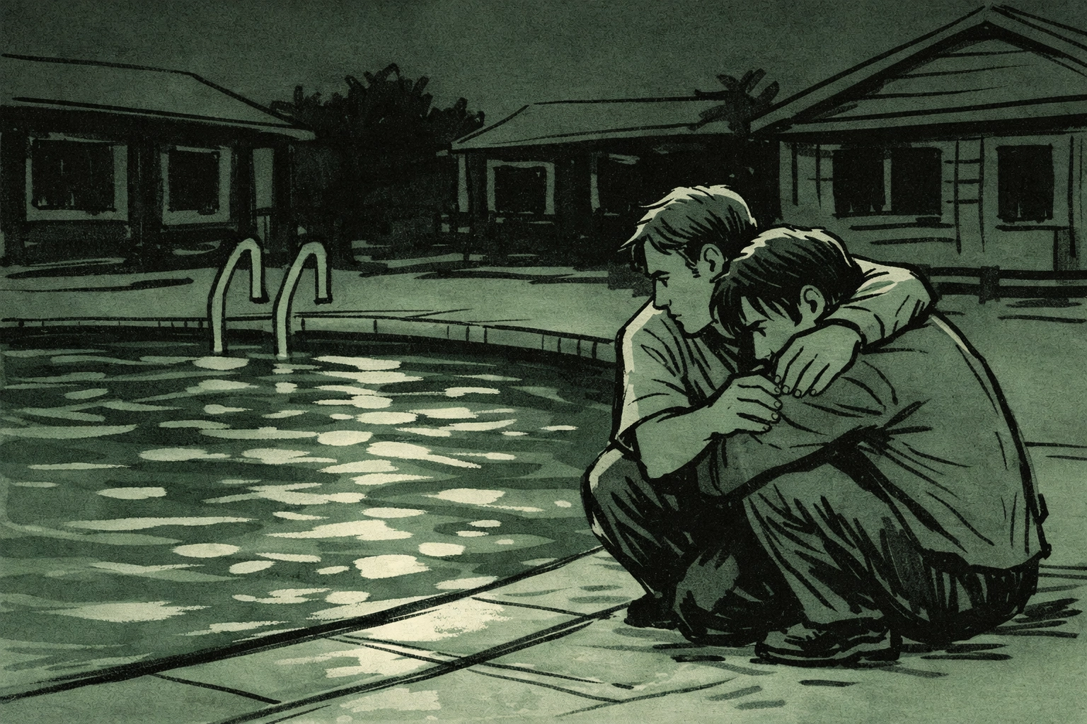MM psychological thriller: two men seeking safety near pool at night in confined LGBTQ+ space